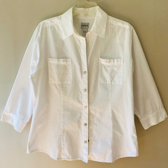 Chicos Sz L Stretch White Button Down Shirt Blouse Chest Pockets Collared - Picture 1 of 10